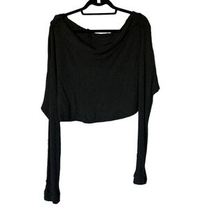 By Together Slouchy Off The Shoulder Grey Waffle Knit Crop Long Sleeve Top Med